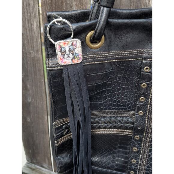 Handmade boho Boston terrier Gift Leather Fringe Western bag charm keychain - Picture 2 of 3